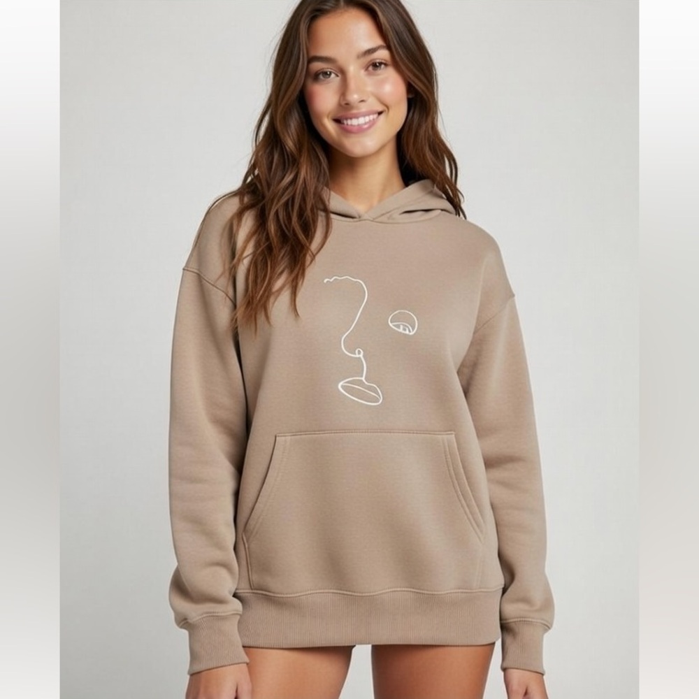OAK + FORT Hoodie Soft Fleece Kangaroo Pocket Pullover Sweatshirt Sz L Taupe